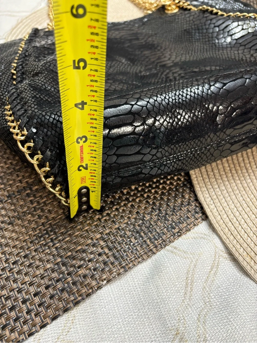 Michael Kors Black Snake-Embossed Shoulder Tote with Gold Chain